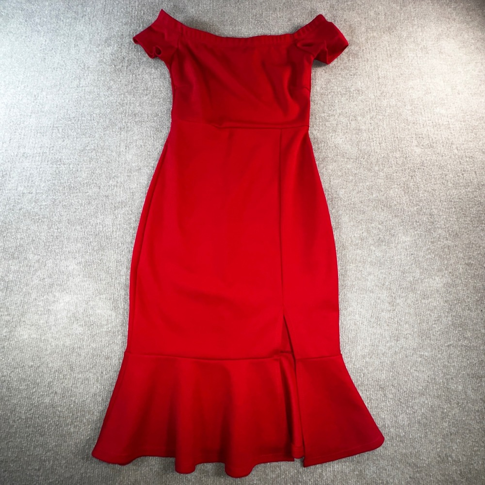 Blue Blush Red Off Shoulder Mermaid Midi Dress Side Slit Ruffle Hem BD8684 Small